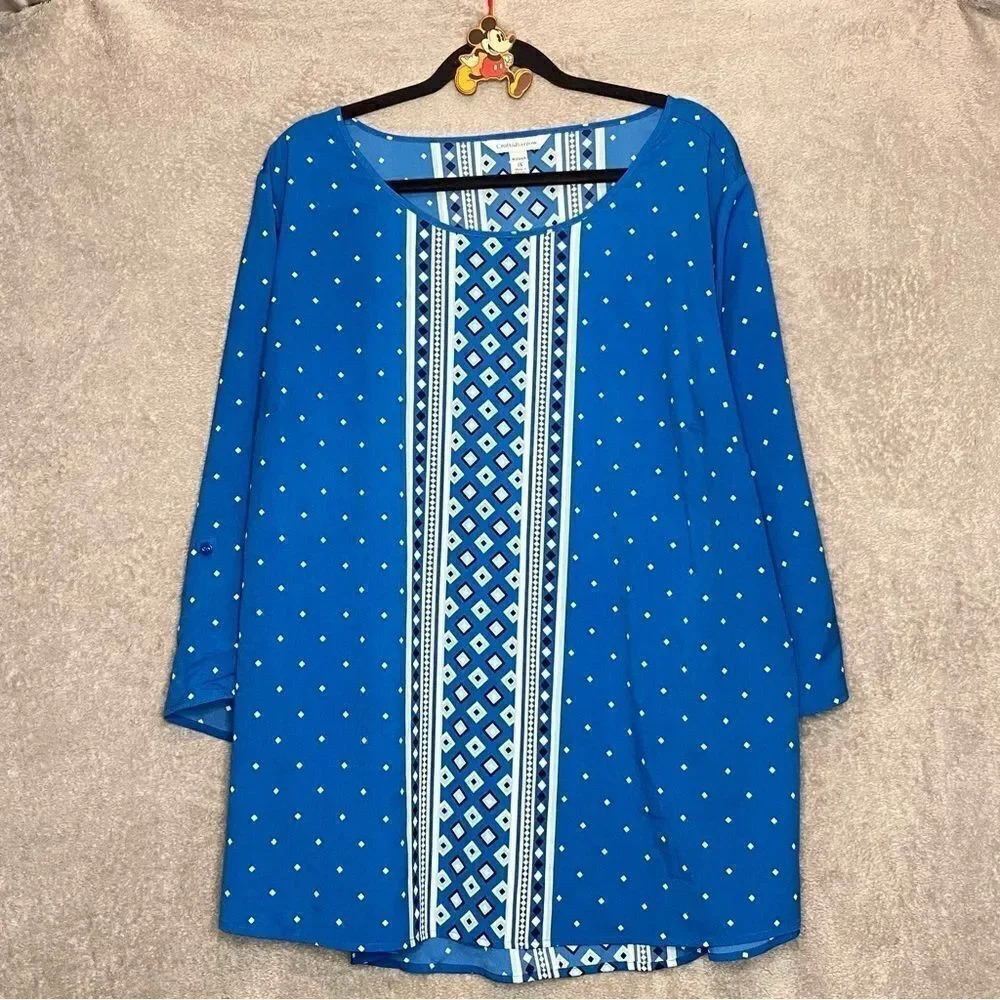 Croft & Barrow 3X Top Shirt Blue Polka Dot Round Neck 3/4 Tab Sleeve Casual
